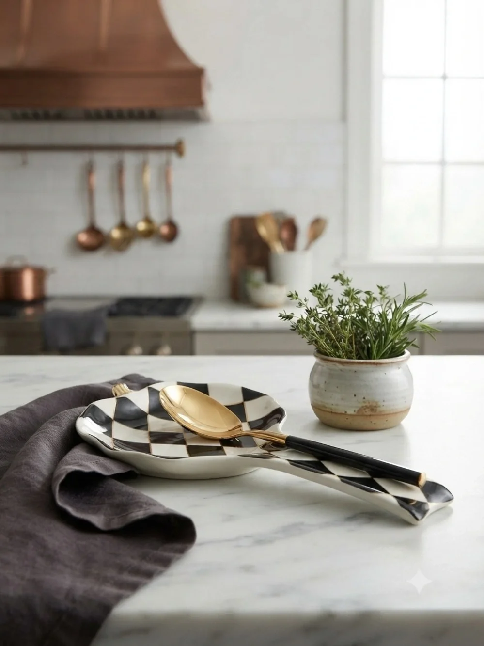 Black and White Harlequin Ceramic Spoon Rest with Gold Accent